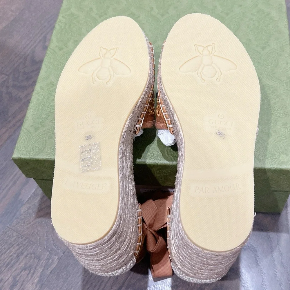 Gucci GG Damita Espadrille Wedge Sandal Eyelet Canvas Cognac Brown 36.5 US 6.5